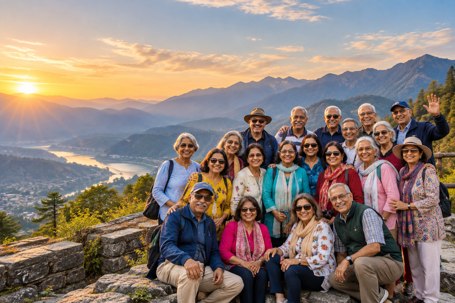 Indian senior travellers enjoying a scenic group journey